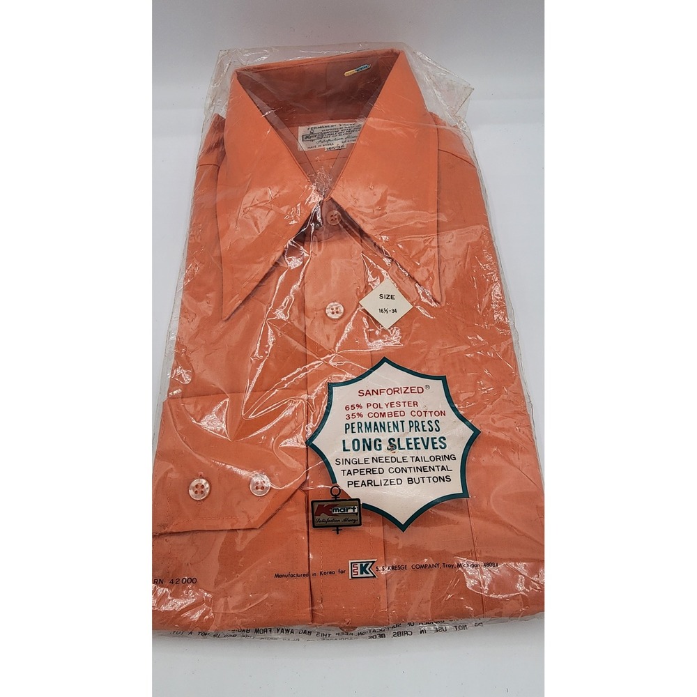 Sanforized 70's Kmart Mens Dress Shirt Orange Big Collar New in bag 16.5 32/33